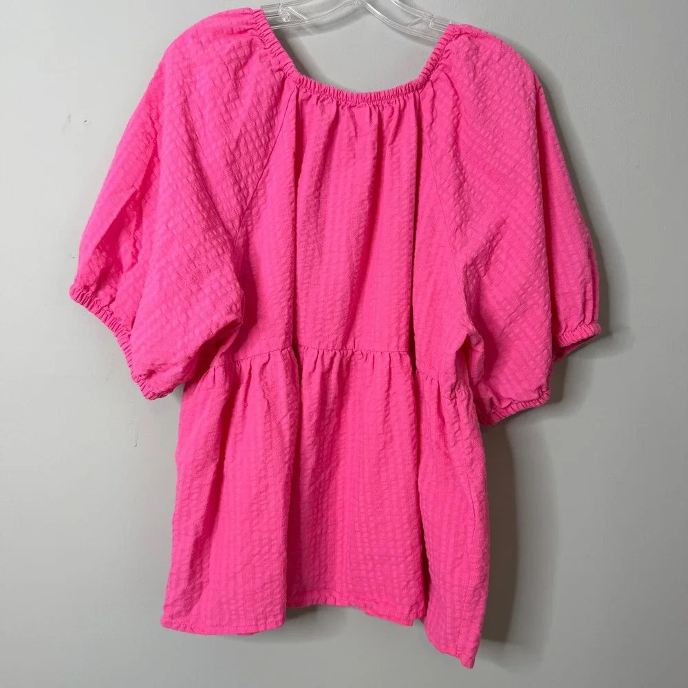 Old Navy Puff Sleeve Top Women XXL Tall Pink Tiered Babydoll Blouse Peplum